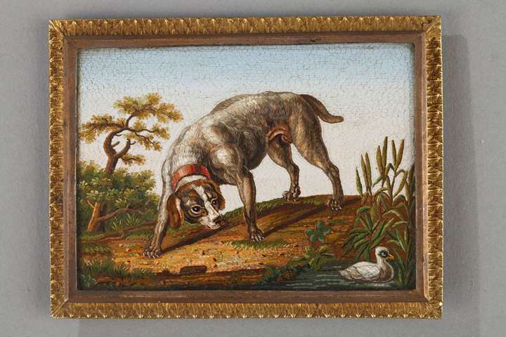 Micromosaic Dog chasing a duck
